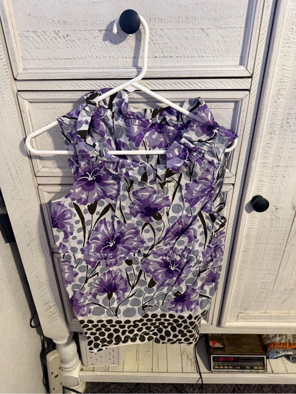 Anna Sui Purple Floral Ruffle Neck Sleeveless Blouse